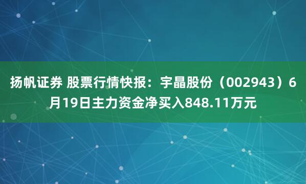 扬帆证券 股票行情快报：宇晶股份（002943）6月19日主力资金净买入848.11万元